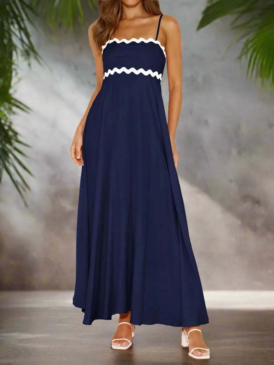 PrettyGarden Summer Sundress Women Spaghetti Strap Maxi Dress 2024 Flowy A-Line Beach Dress Navy Large