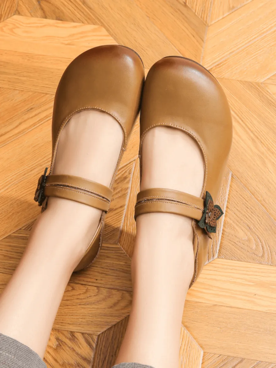 Side Daisy Buckle Leather Mary Jane - Caramel