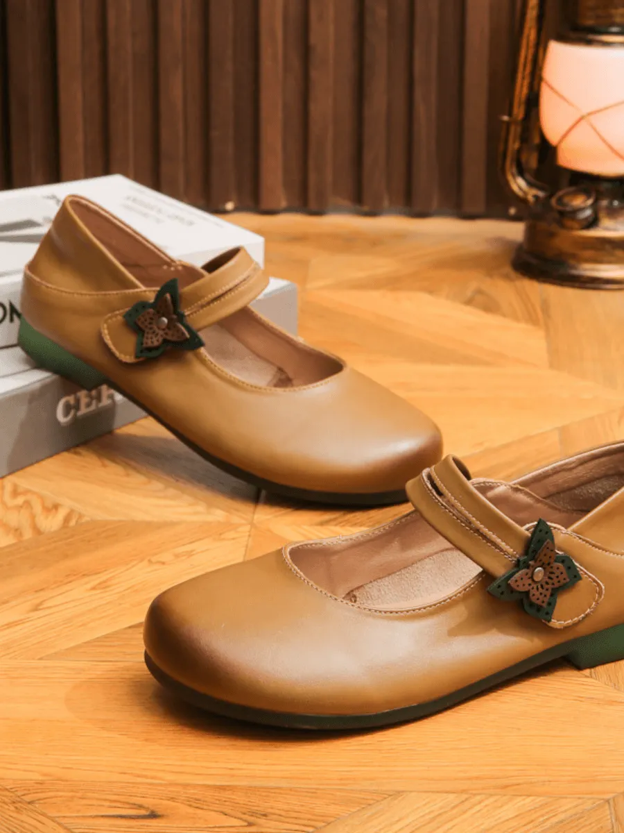 Side Daisy Buckle Leather Mary Jane - Caramel