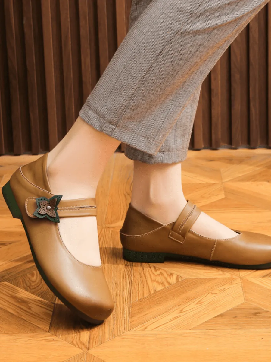 Side Daisy Buckle Leather Mary Jane - Caramel