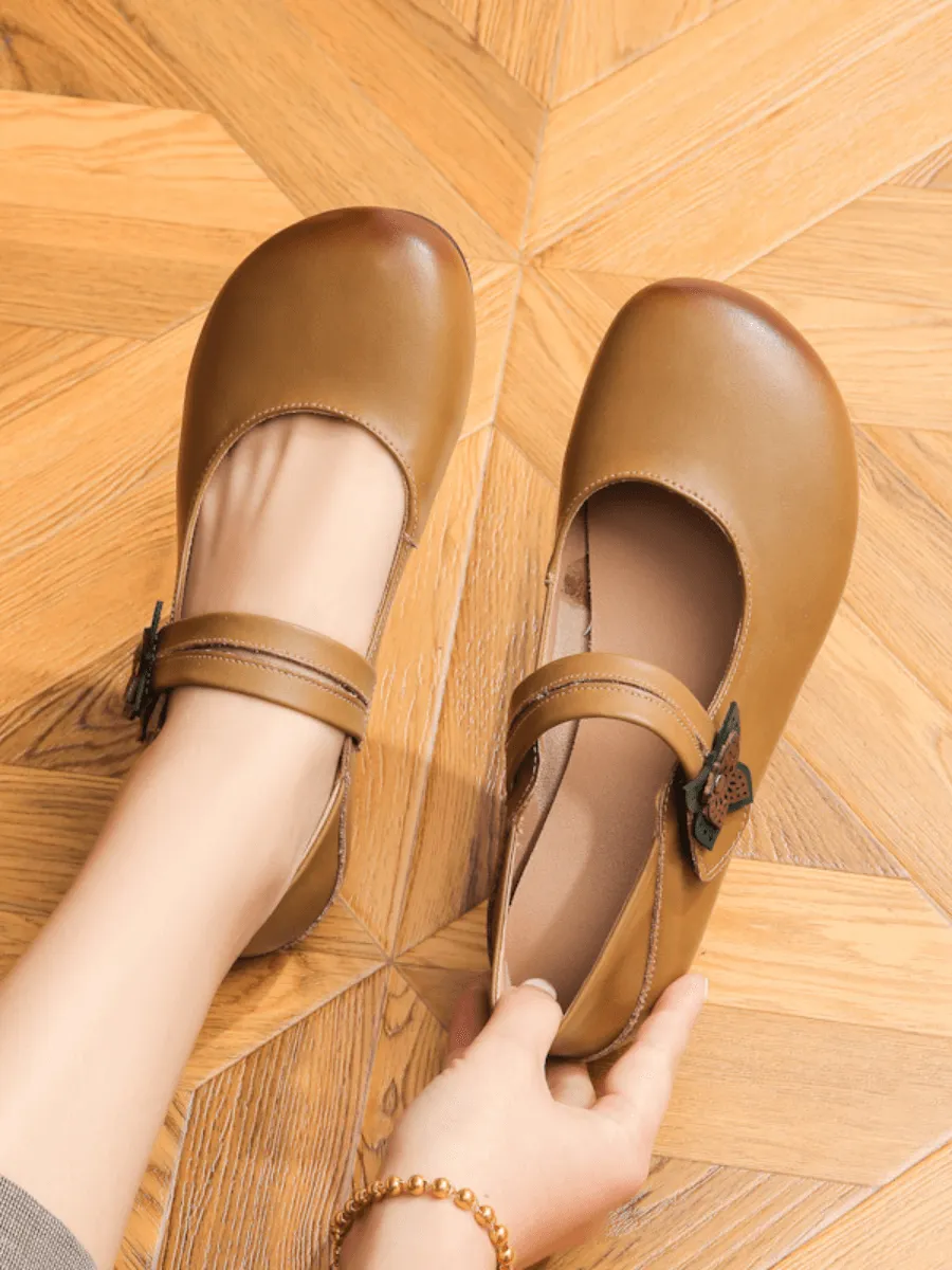Side Daisy Buckle Leather Mary Jane - Caramel