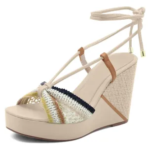 Tan Tie-Up Platform Wedge