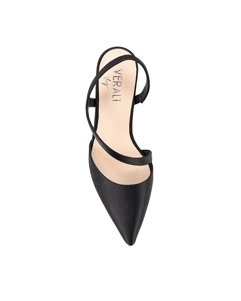 Verali Lemon Point Toe Sling Back Heels Black Satin Heels
