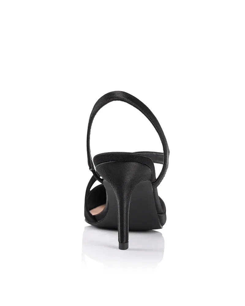 Verali Lemon Point Toe Sling Back Heels Black Satin Heels