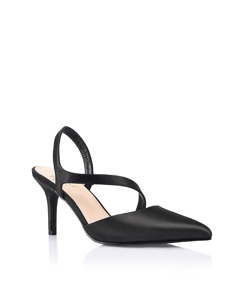 Verali Lemon Point Toe Sling Back Heels Black Satin Heels