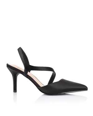Verali Lemon Point Toe Sling Back Heels Black Satin Heels