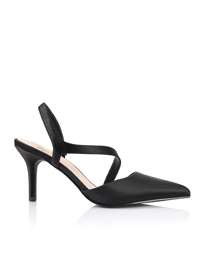 Verali Lemon Point Toe Sling Back Heels Black Satin Heels
