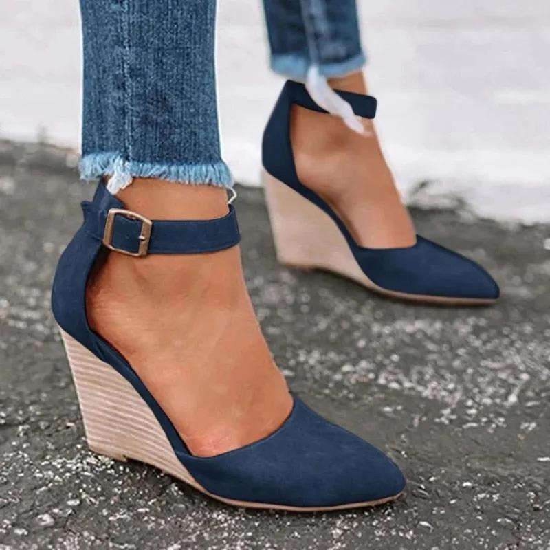 Wedges Sandals Summer Buckle Solid Pointed Sweet Casual Office Party Wedding Shoes Ladies Sandals