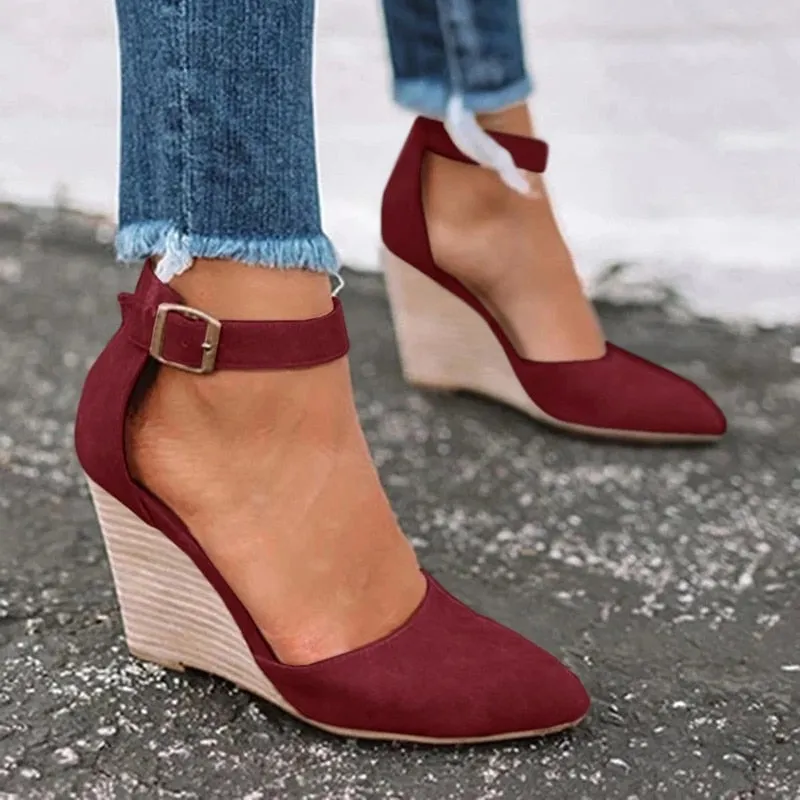Wedges Sandals Summer Buckle Solid Pointed Sweet Casual Office Party Wedding Shoes Ladies Sandals