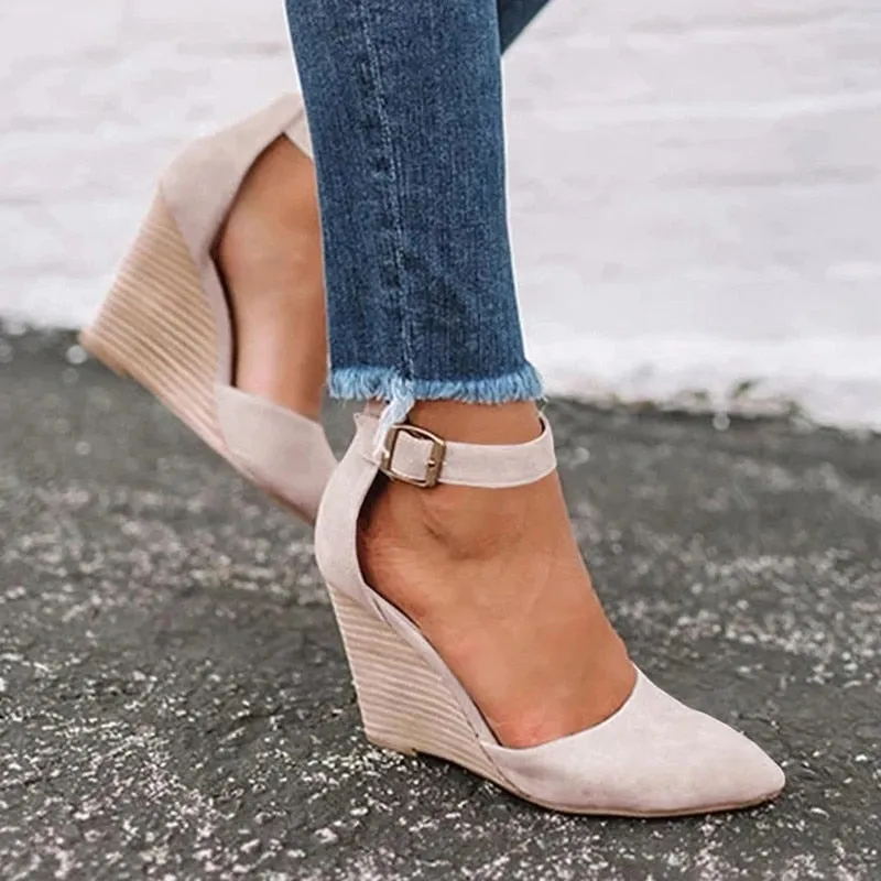 Wedges Sandals Summer Buckle Solid Pointed Sweet Casual Office Party Wedding Shoes Ladies Sandals