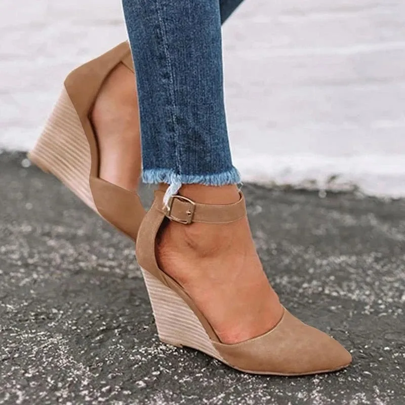 Wedges Sandals Summer Buckle Solid Pointed Sweet Casual Office Party Wedding Shoes Ladies Sandals