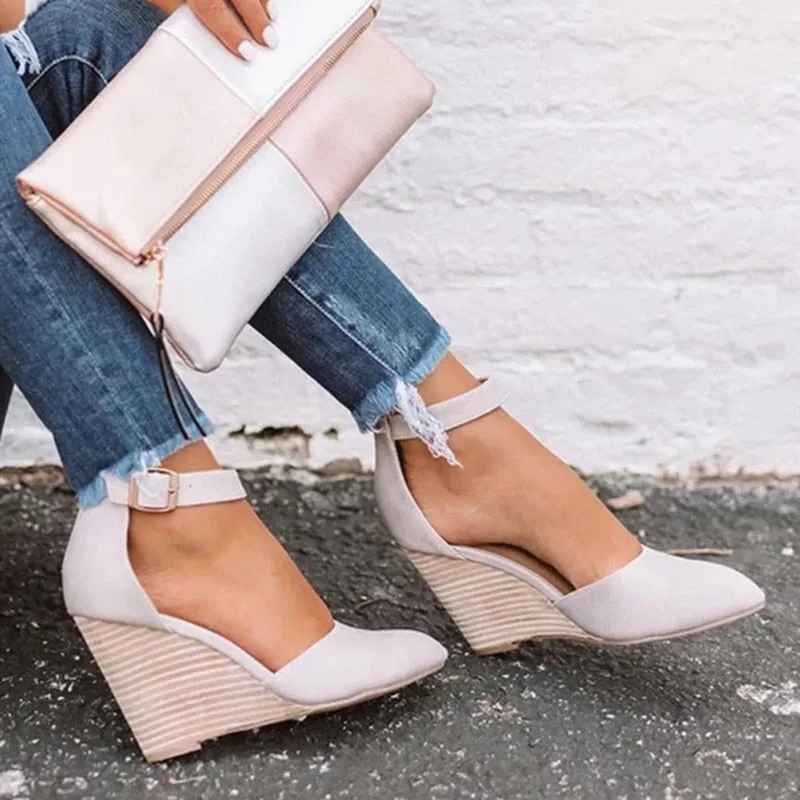Wedges Sandals Summer Buckle Solid Pointed Sweet Casual Office Party Wedding Shoes Ladies Sandals