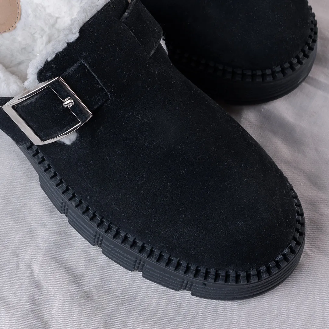 Women's Cozy Suede Clog with Buckle- Black